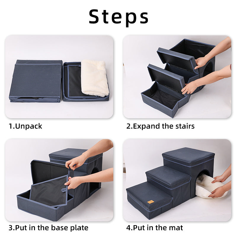 Foldable Dog Stairs With Storage - 3-Level Small To Medium Dog Breed Ramp, Oxford Fabric, Suitable For High Beds And Sofas, Pet Ladder, Dog Stairs